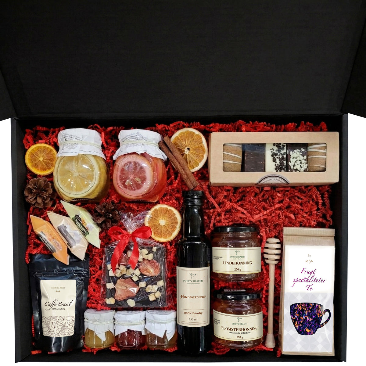Gaveæske med kaffe, te, sirup, honning, chokolade og honningkager