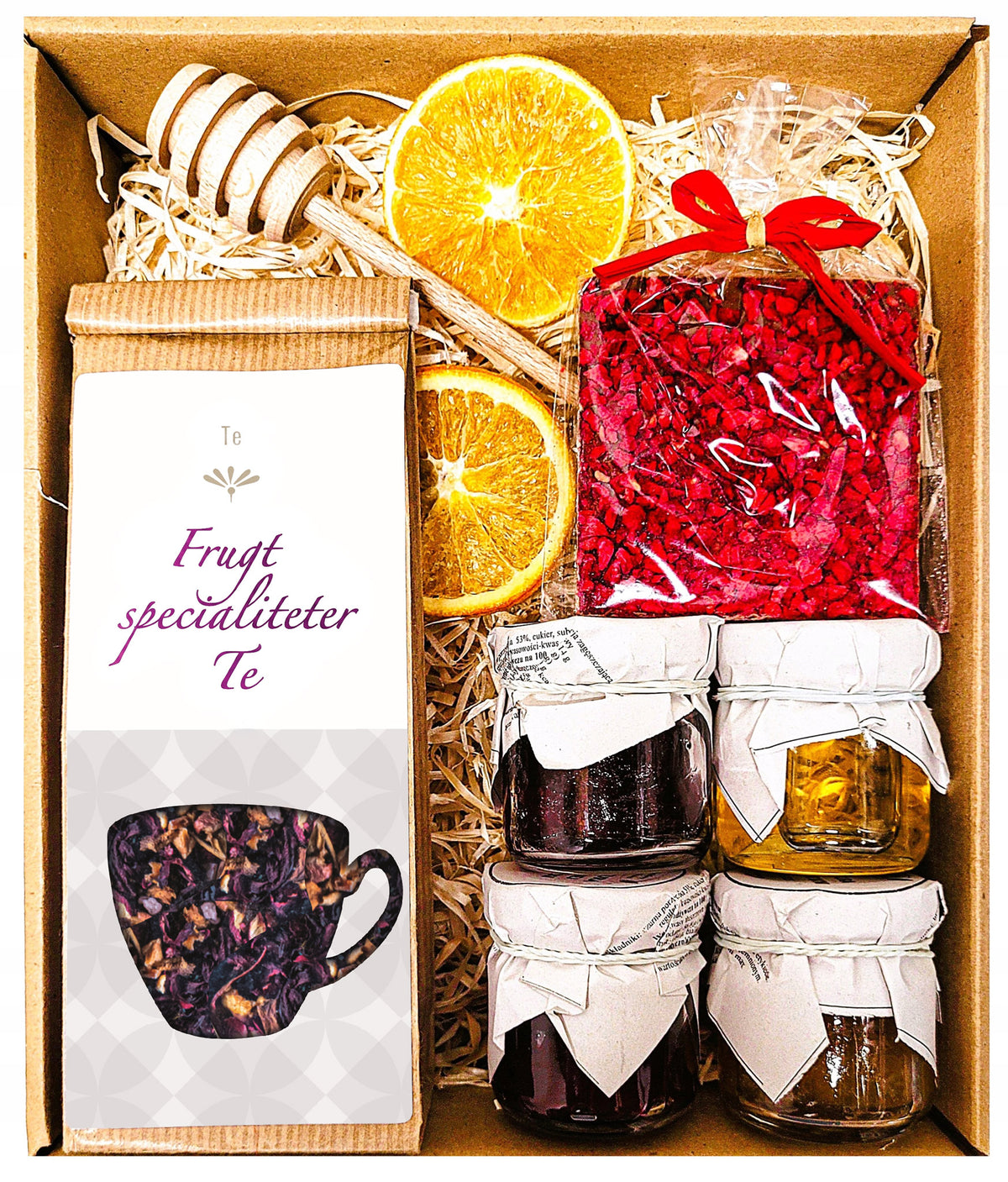 Gavekurv med te, honning, chokolade og marmelade