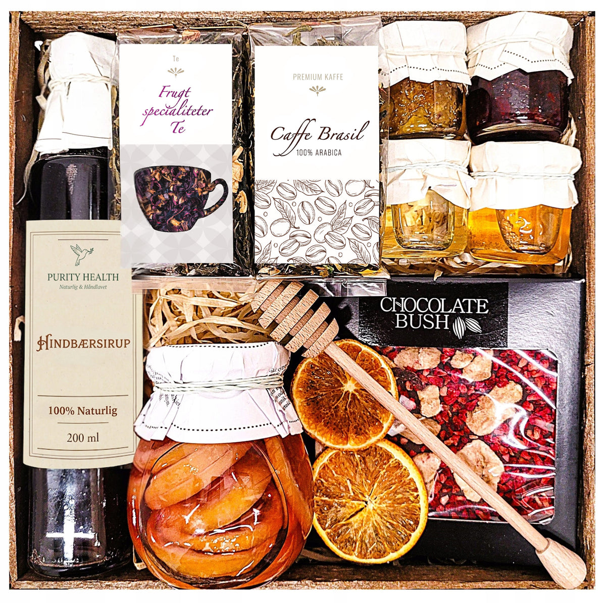Gavekurv med kaffe, te, honning, sirup og chokolade