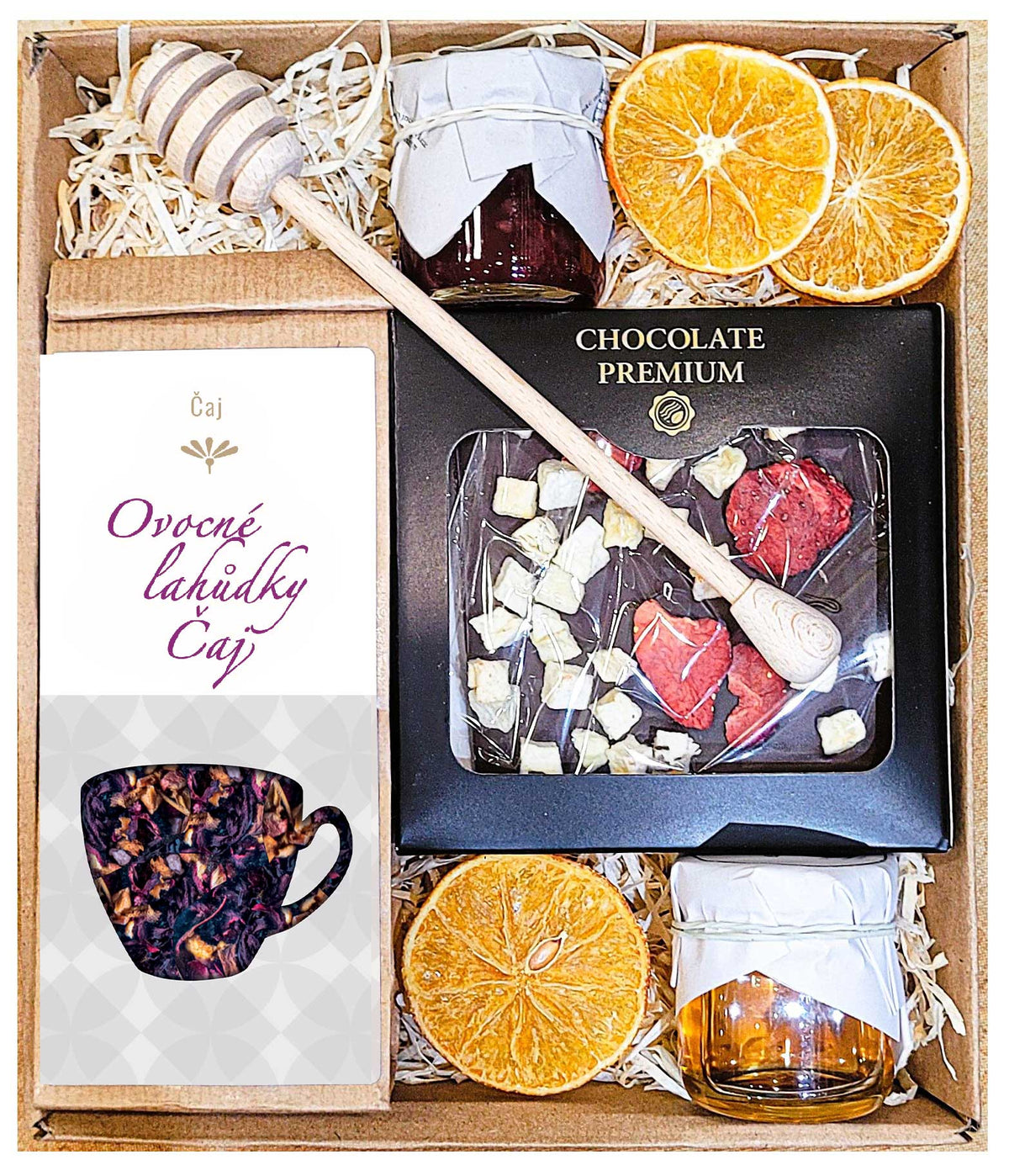 Gavekurv med te, honning, chokolade og marmelade