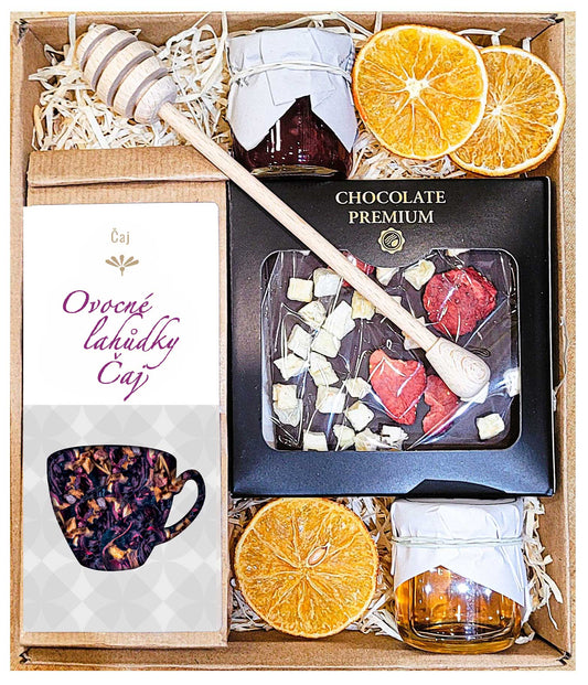 Gavekurv med te, honning, chokolade og marmelade