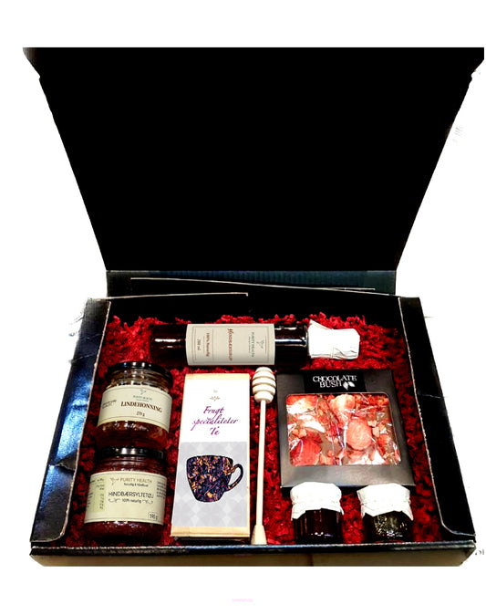 Gaveæske med chokolade, honning, marmelade, te og sirup