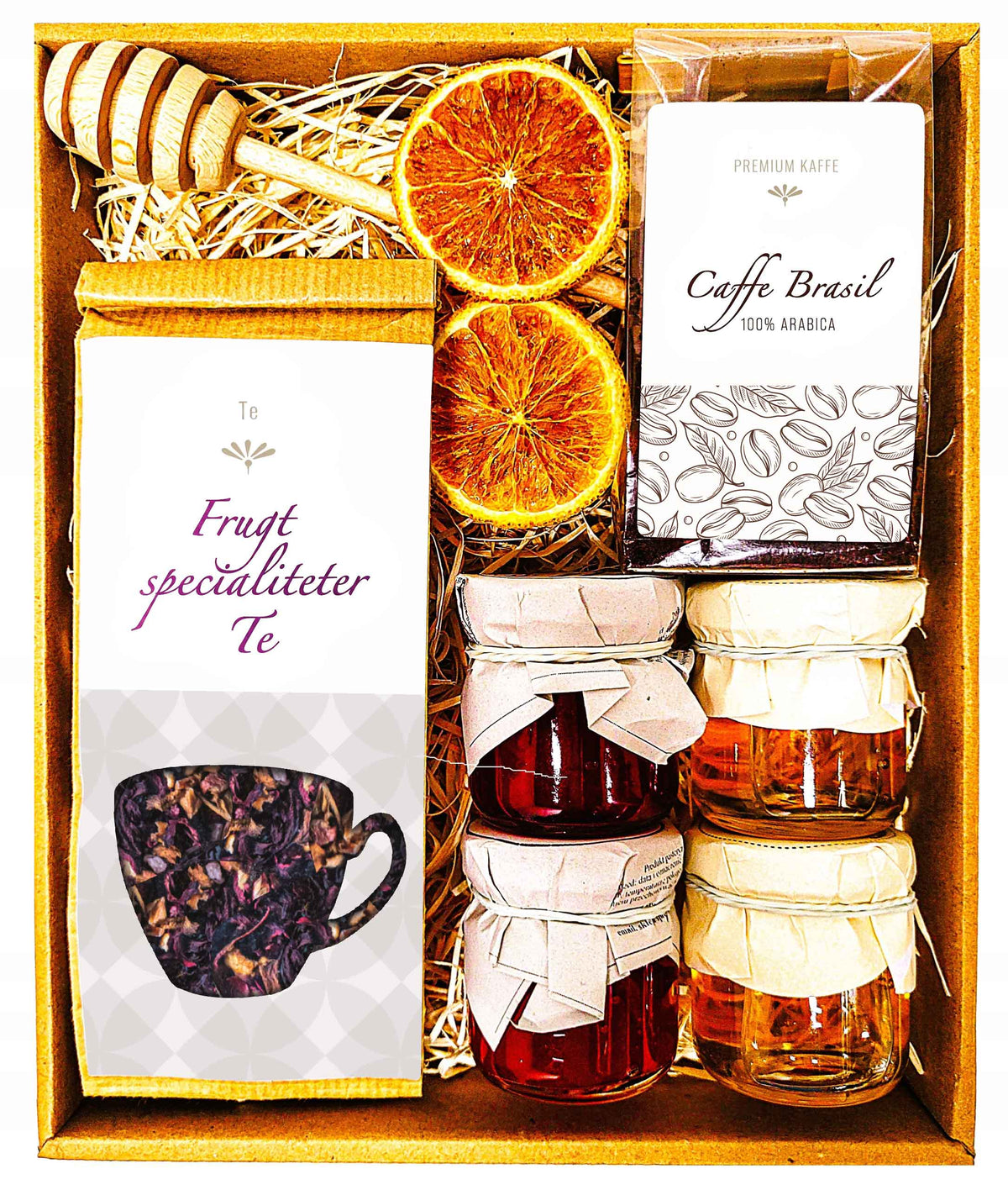 Gavekurv med kaffe, te, honning og marmelade
