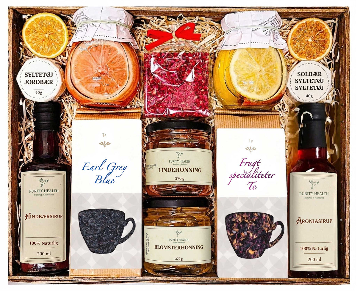 Gavekurv med te, honning, chokolade og sirup