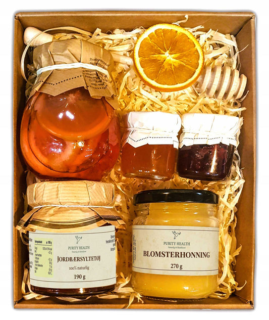 Gavekurv med honning, citron, marmelade og delikatesser